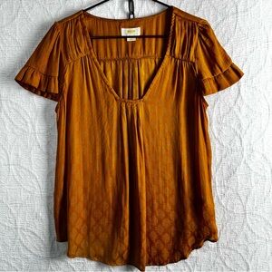 Anthropologie Maeve Hailey Flutter Sleeve Blouse Womens M Golden Sheer T Shirt
